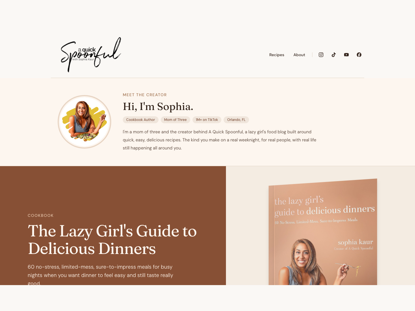 A Quick Spoonful homepage padded to 4:3, showing Sophia Kaur's creator section, cookbook feature, and latest recipes.